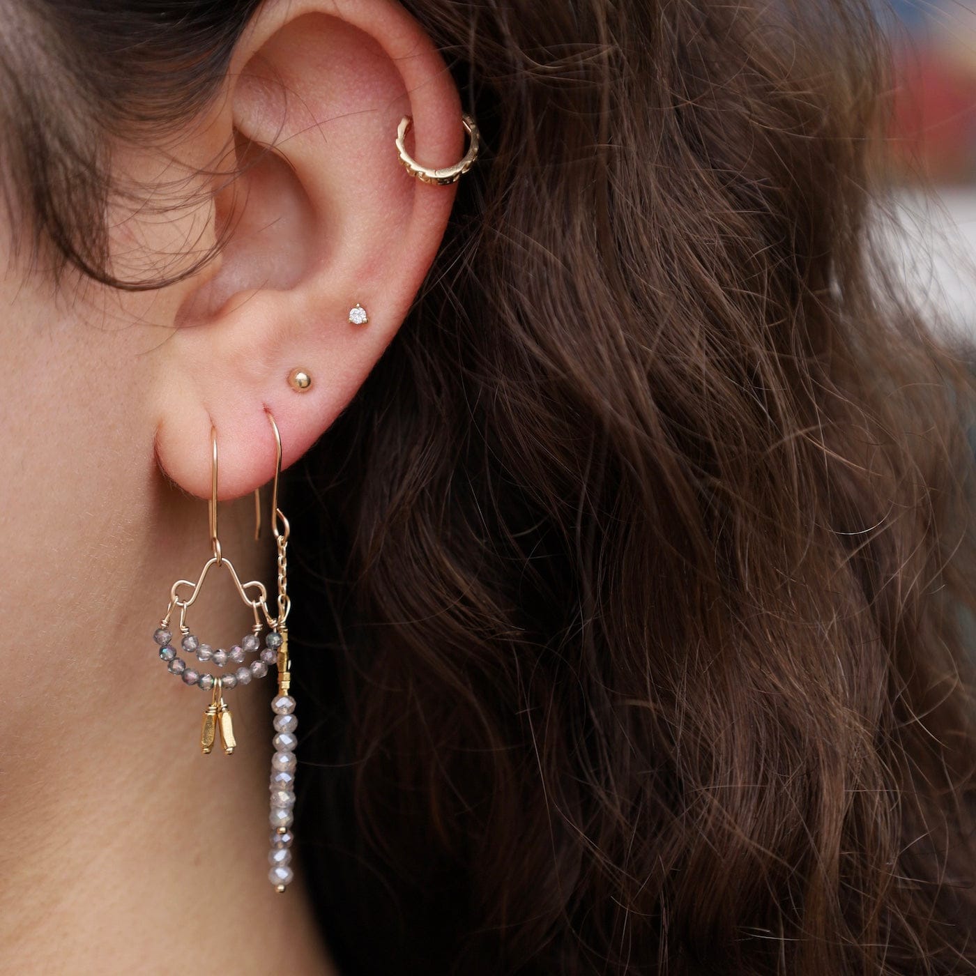 EAR-GF Grey quartz double crescent with gold fill dangles