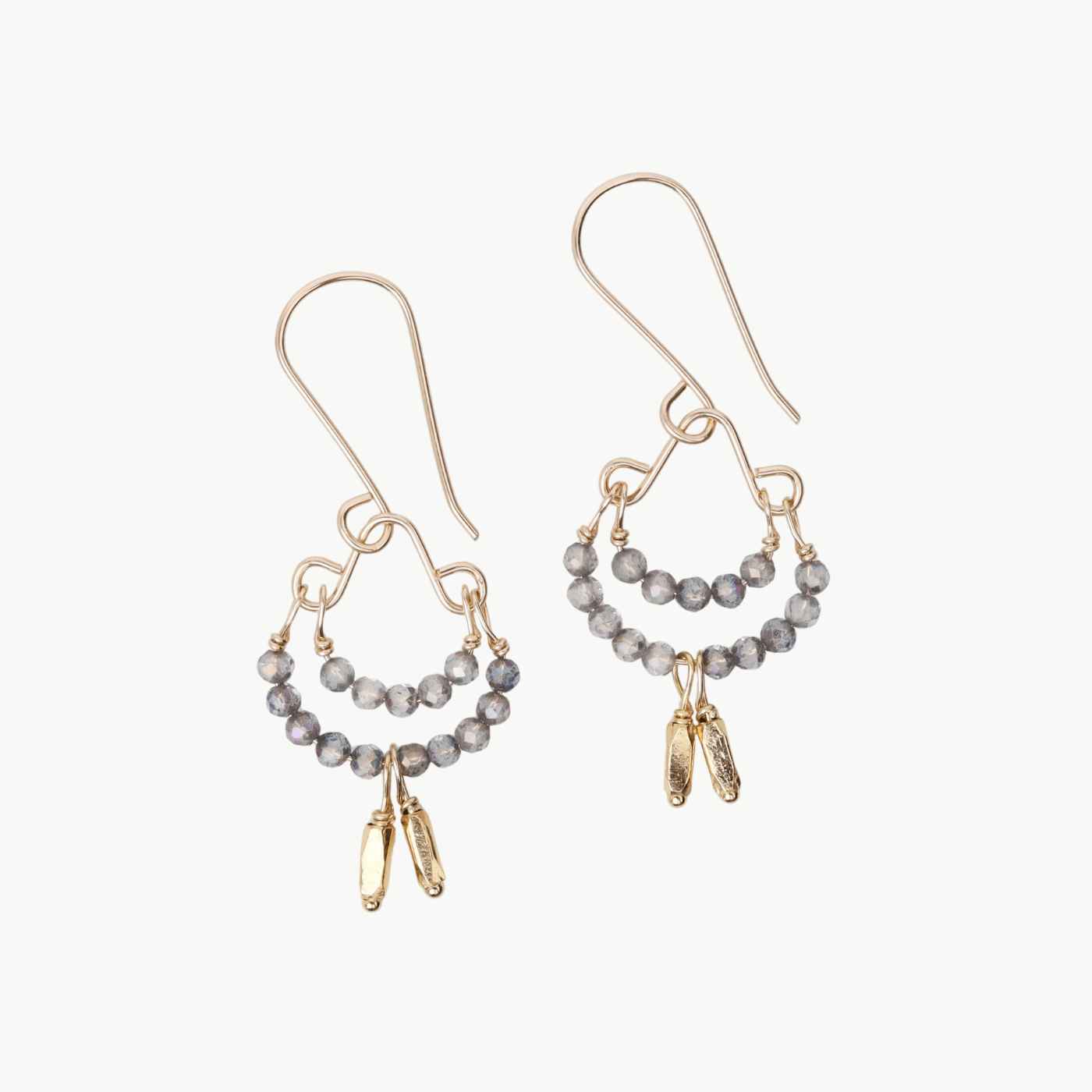 EAR-GF Grey quartz double crescent with gold fill dangles