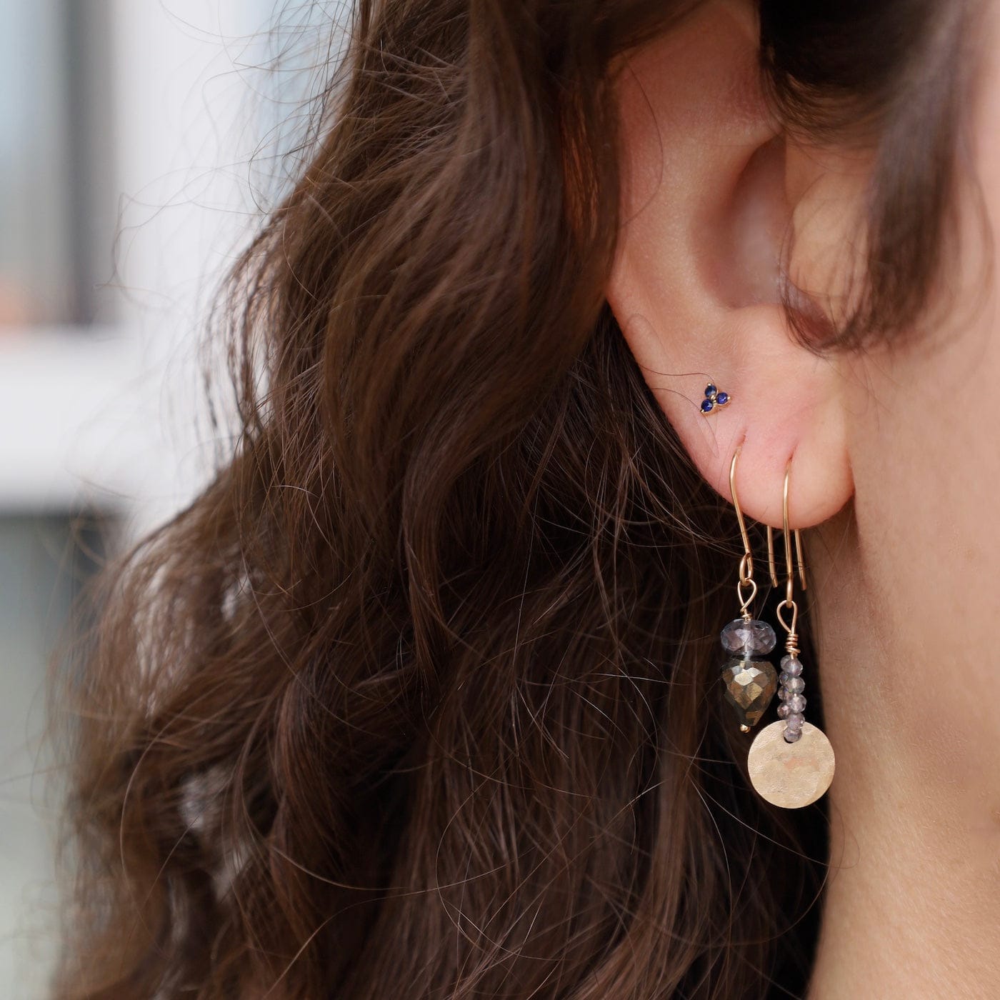 EAR-GF Grey quartz & pyrite stacked stones earrings