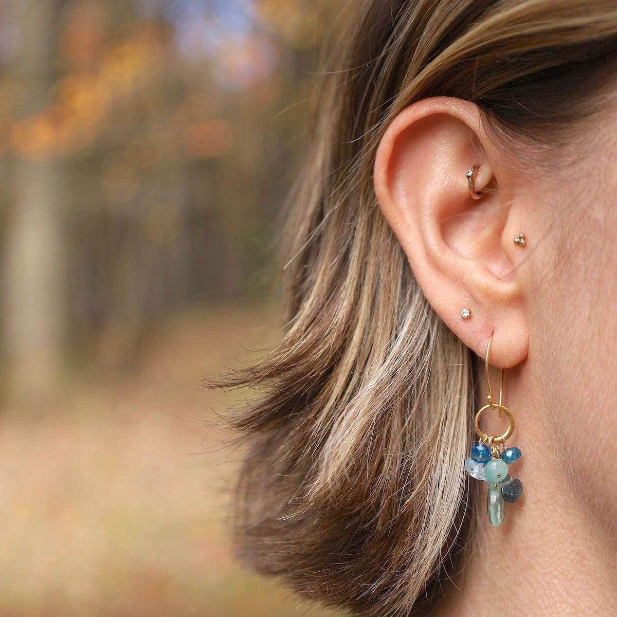 ear-gf Hammered Circle Link Green Quartz Raindrops Earrings