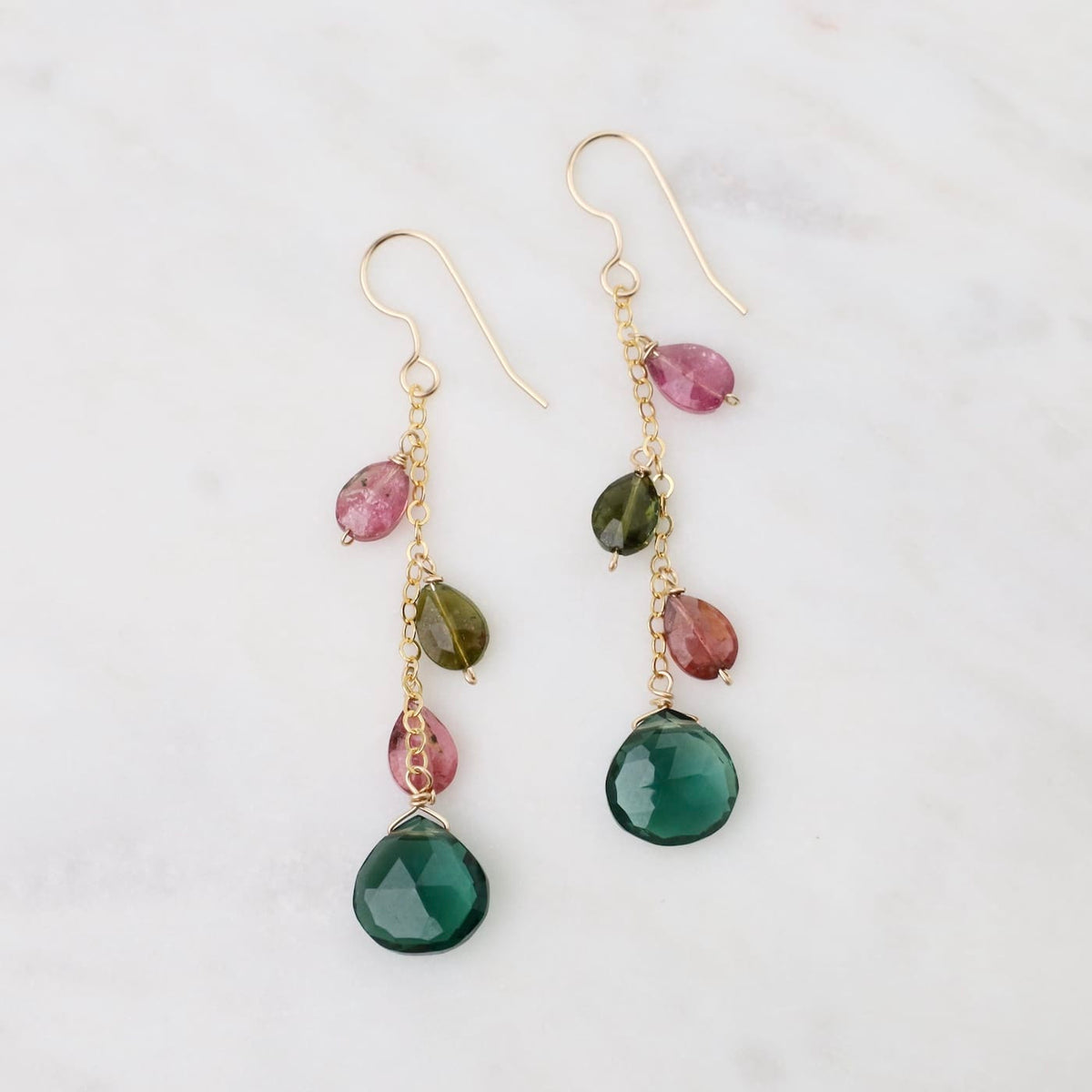 EAR-GF Indicolite quartz drop with Watermelon Tourmaline
