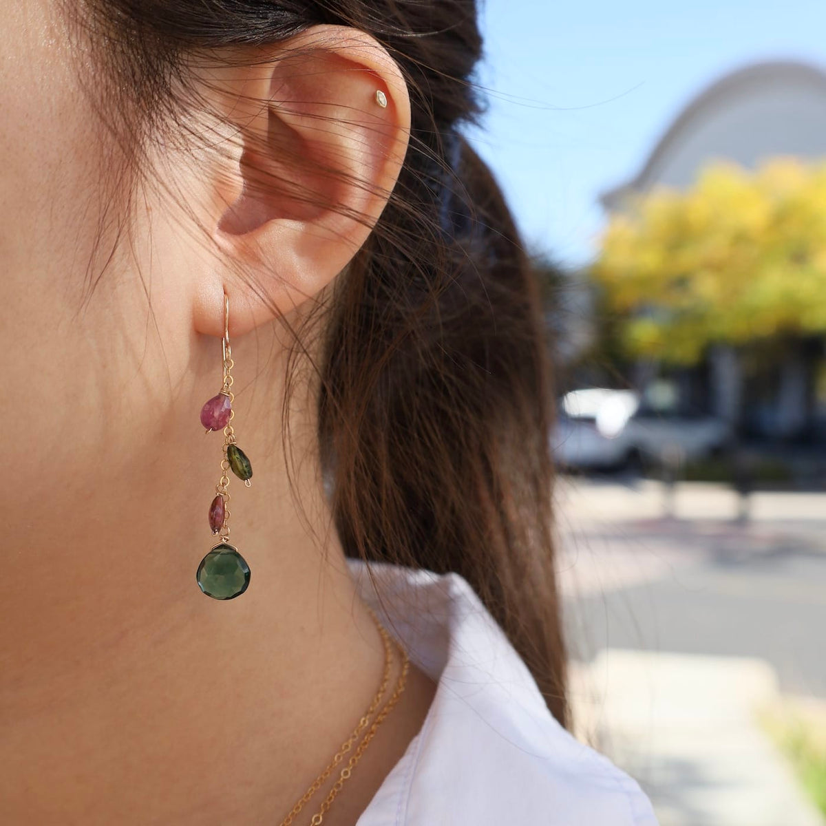 EAR-GF Indicolite quartz drop with Watermelon Tourmaline