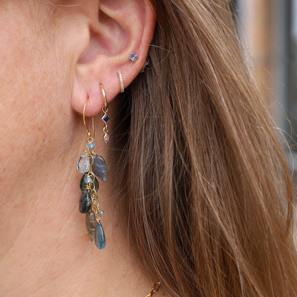 Load image into Gallery viewer, EAR-GF Labradorite Carved Leaves, Blue Topaz, &amp;amp; Kyanite Earrings
