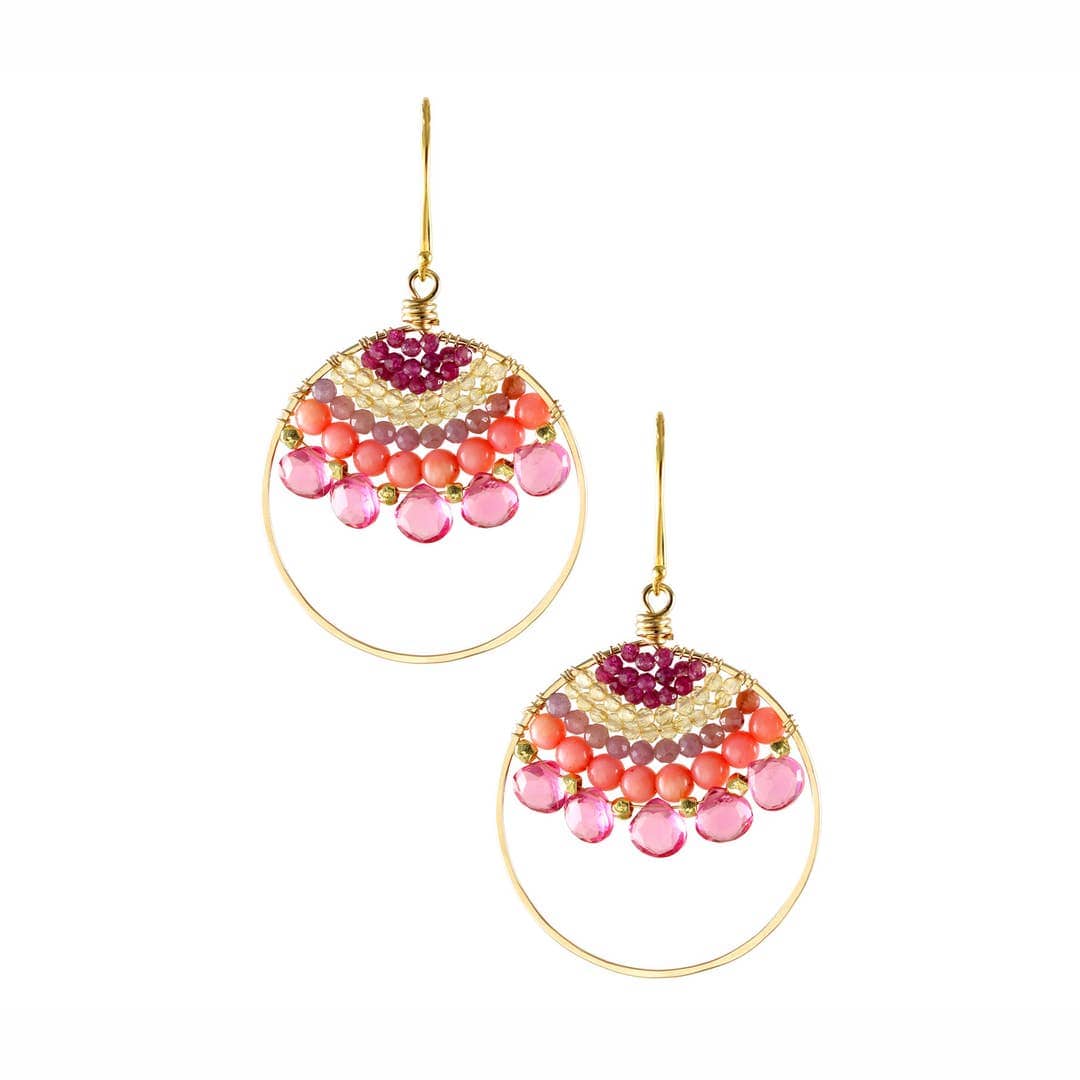 ear-gf Large Hoop Rubellite Quartz, Sunstone, Citrine Earring