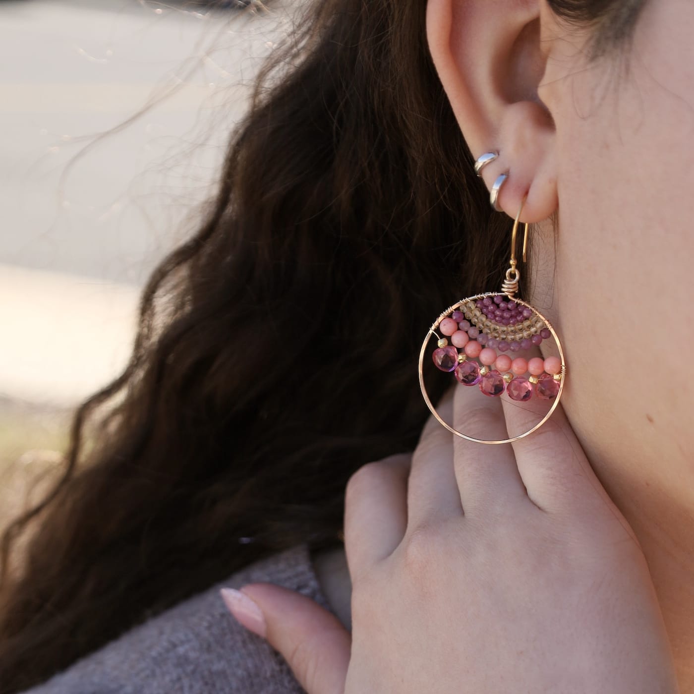 ear-gf Large Hoop Rubellite Quartz, Sunstone, Citrine Earring
