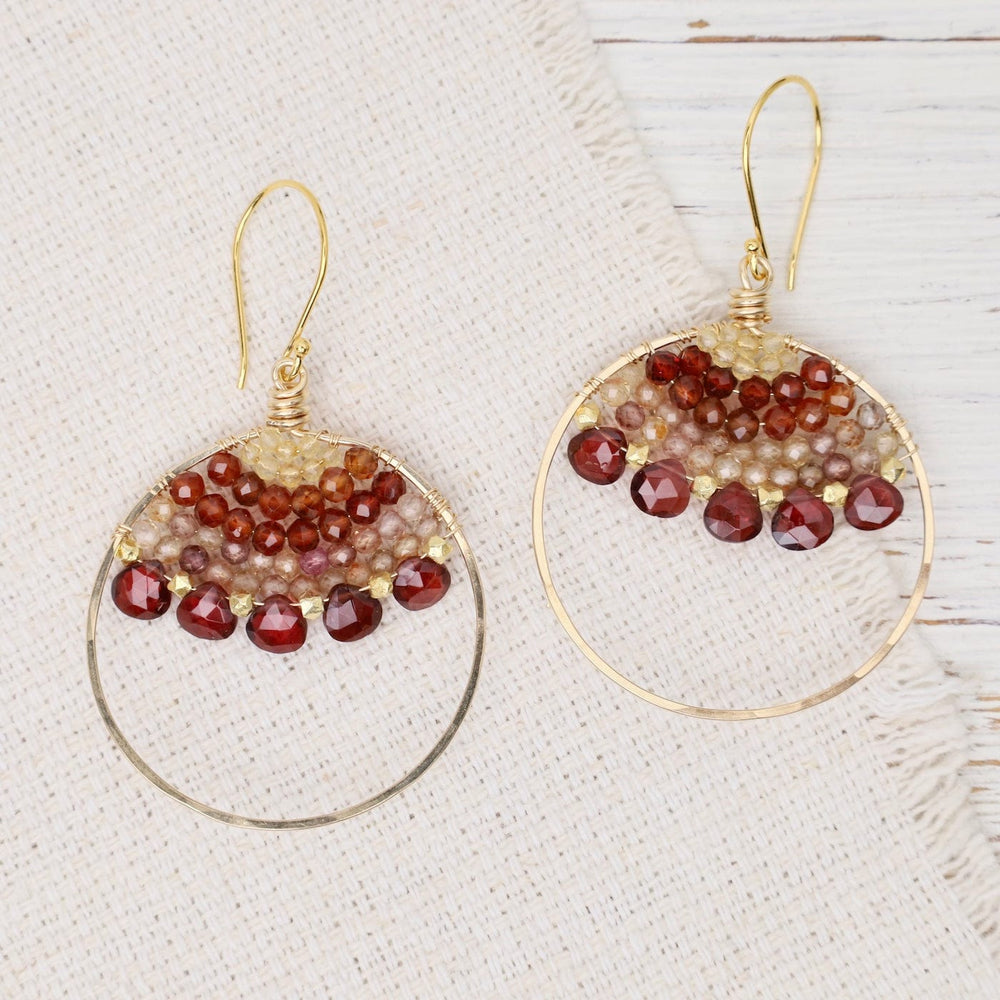 ear-gf Large Woven Hoop Garnet, zircon, citrine, gold fil