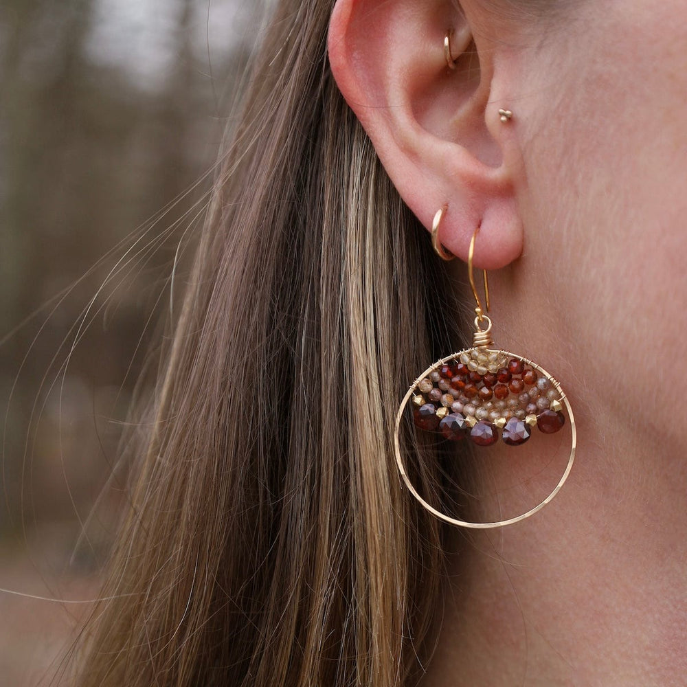 ear-gf Large Woven Hoop Garnet, zircon, citrine, gold fil