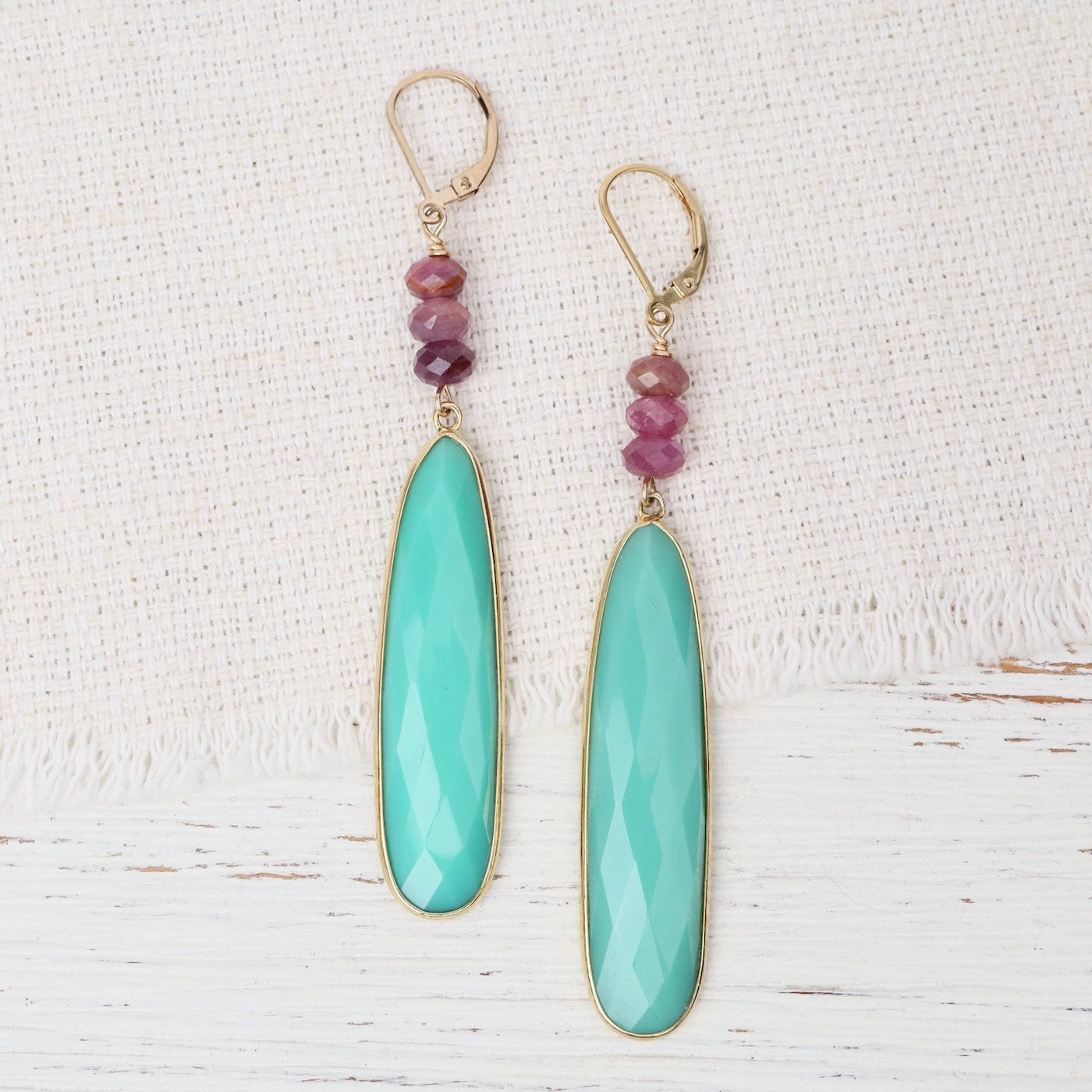 EAR-GF Long Chrysoprase Oval Earrings with Ruby