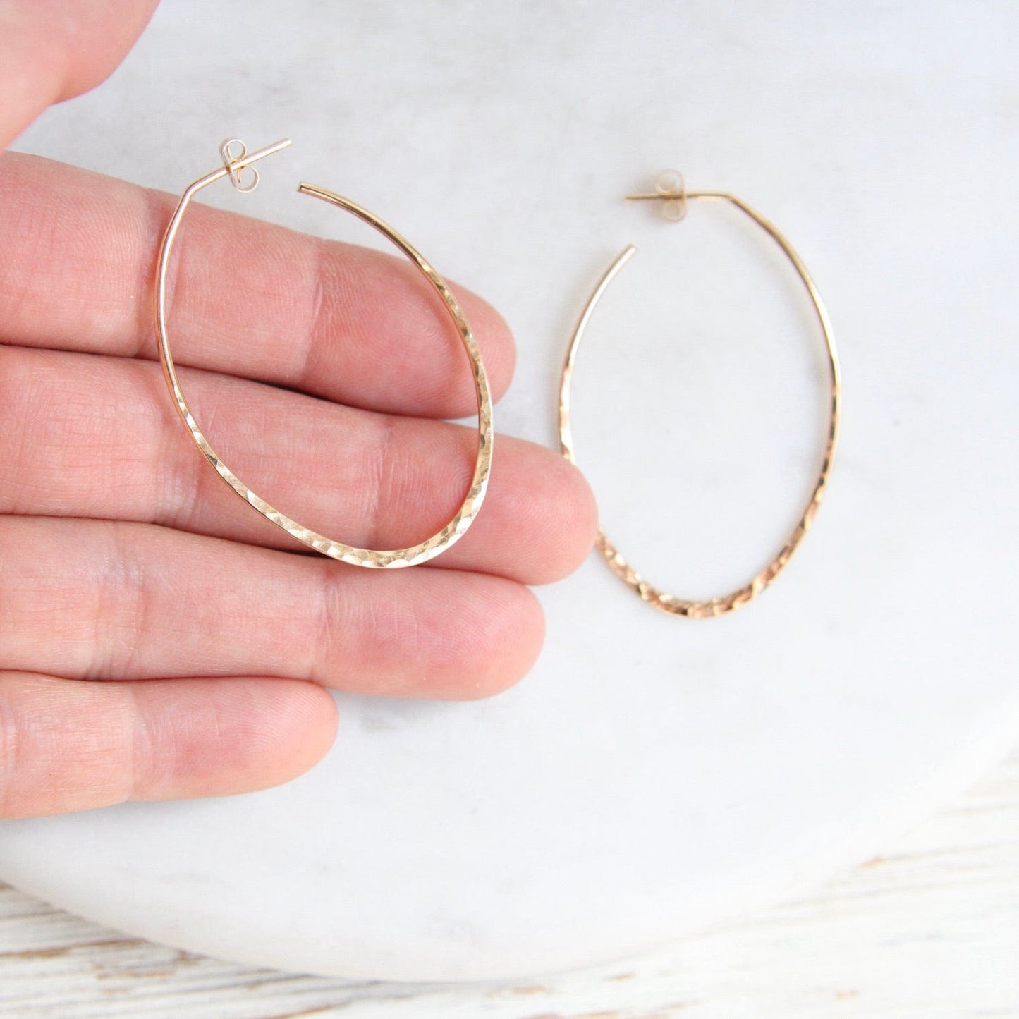 EAR-GF Long Oval Hammered Gold Filled Hoop on Post