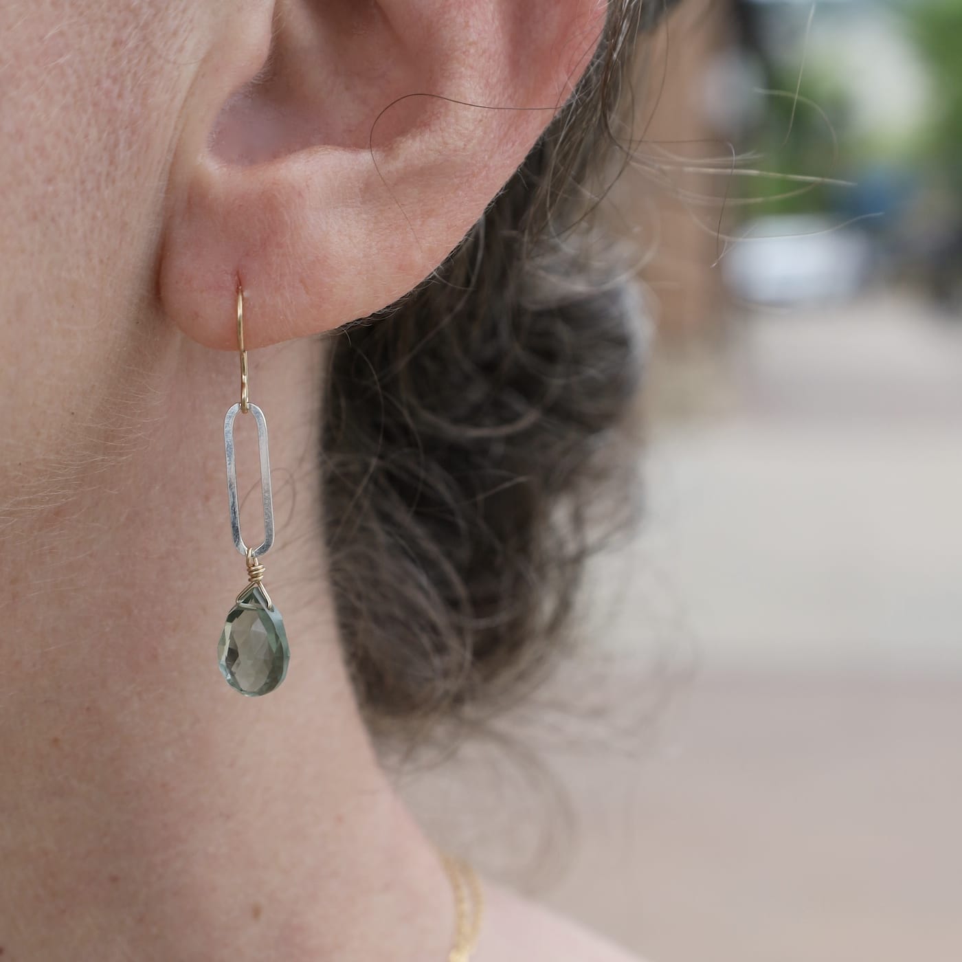 EAR-GF Mixed Metal Green Amethyst Dangle Earrings