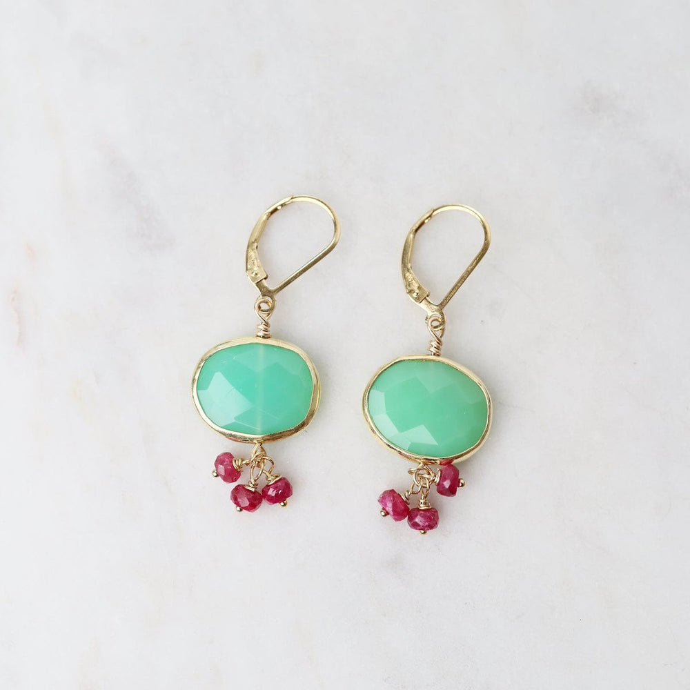 EAR-GF Oval Chrysoprase with 3 Ruby Dangles Earrings