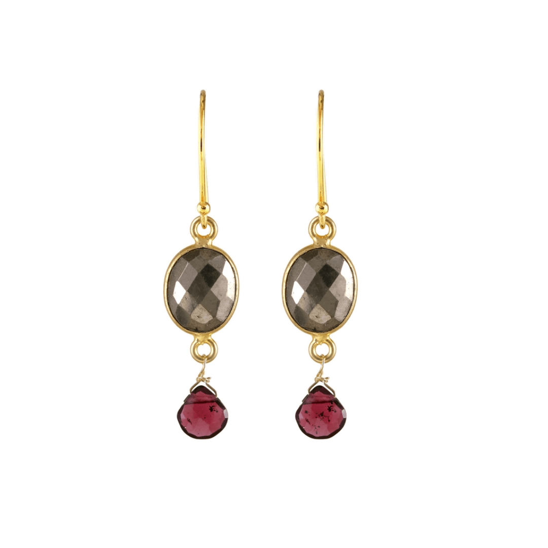 ear-gf Oval Pyrite with Garnet Earrings