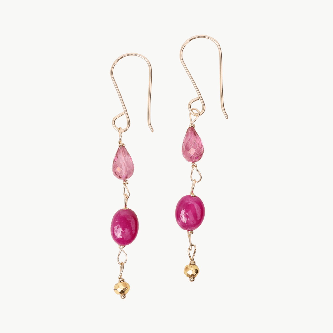 EAR-GF Pink topaz , ruby & pyrite chain dancing earrings