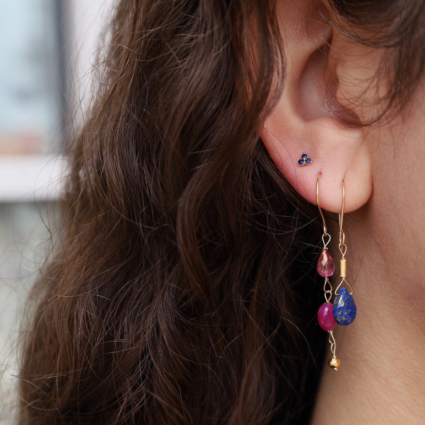 EAR-GF Pink topaz , ruby & pyrite chain dancing earrings