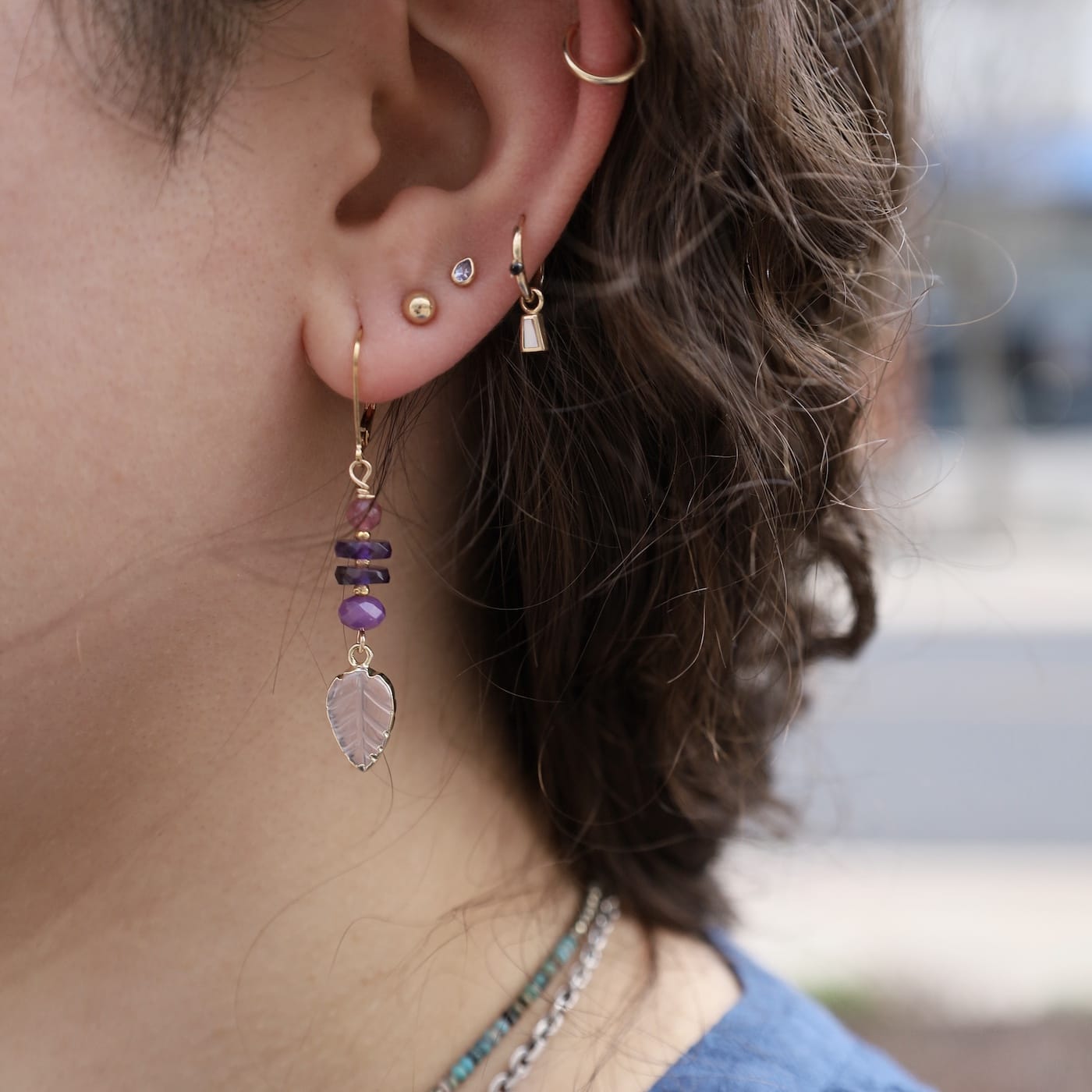 EAR-GF Rose Quartz Leaf Gold Earrings