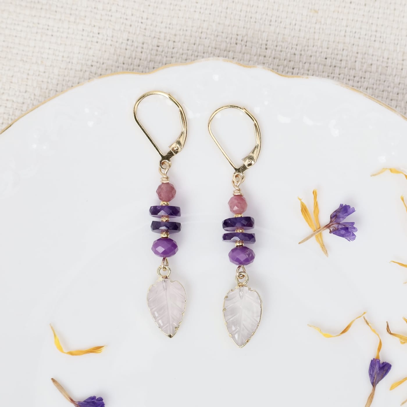 EAR-GF Rose Quartz Leaf Gold Earrings