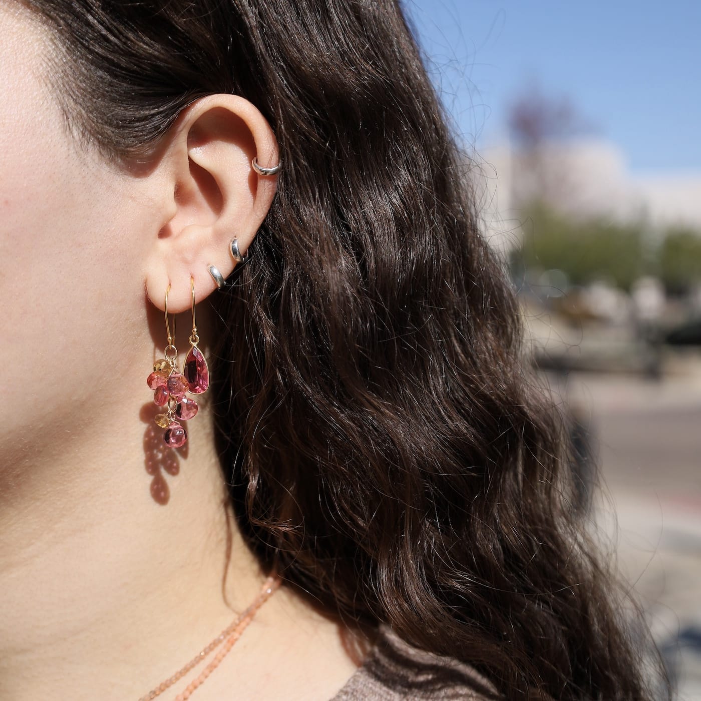 ear-gf Rubellite Quartz, Citrine Waterfall Earrings