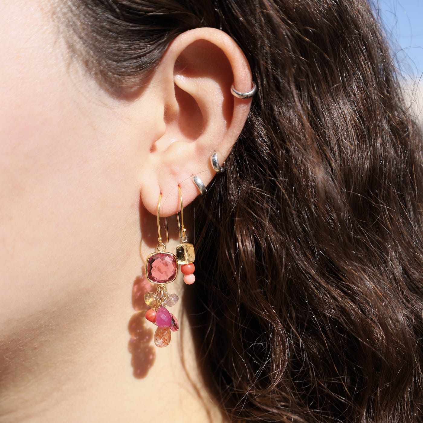 ear-gf Rubellite Quartz Square Bezel Earrings