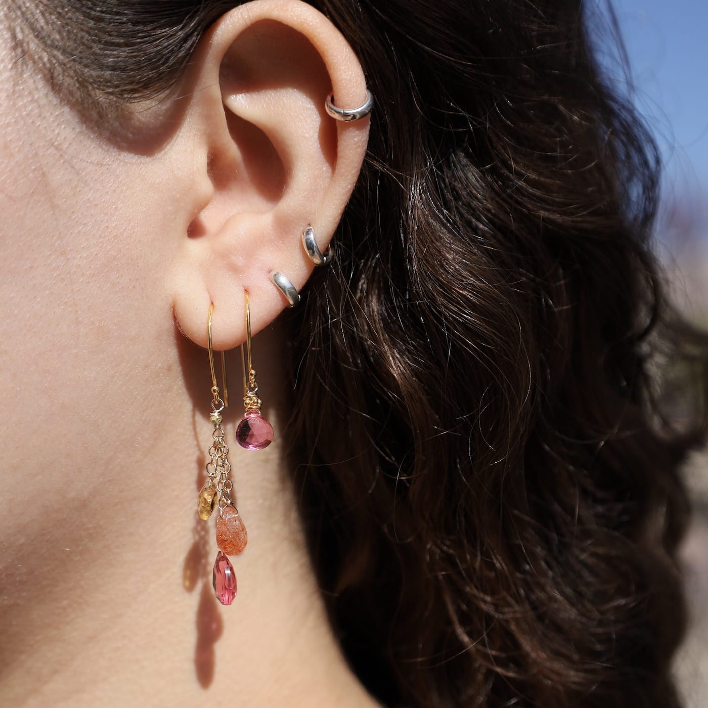 ear-gf Rubellite Quartz, Sunstone, Citrine Tassel Earring