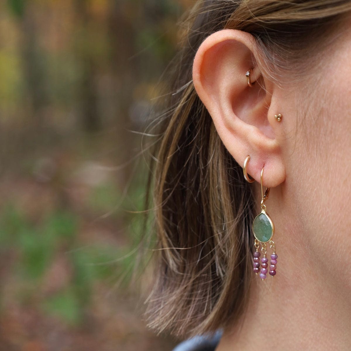 EAR-GF Space Invaders Green Aventurine Gold Earrings