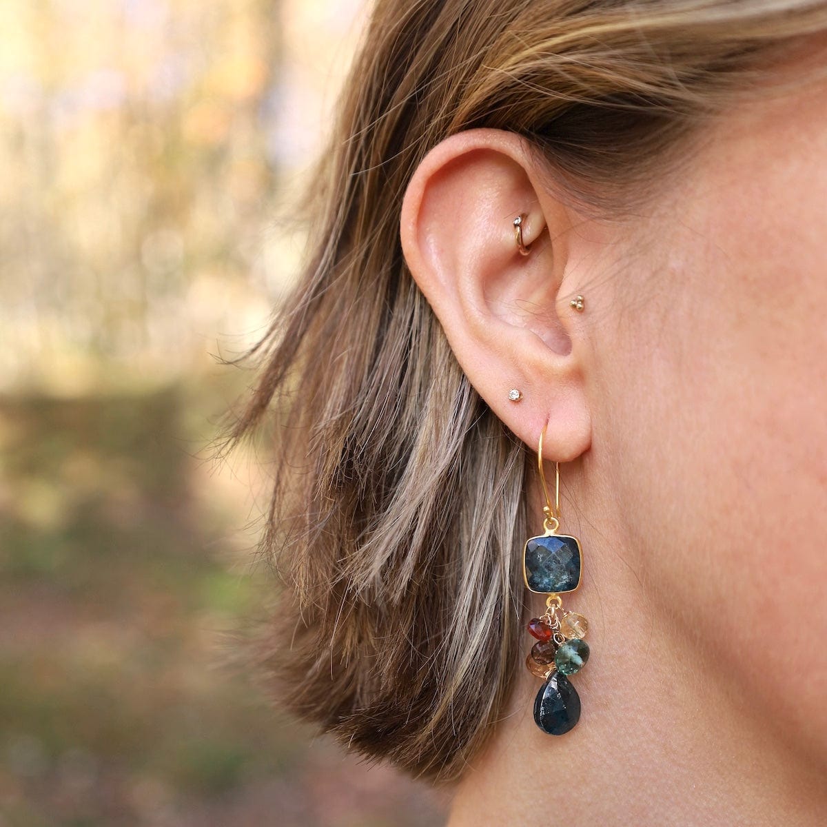 ear-gf Square Kyanite with Hessonite Garnet Cluster Earrings