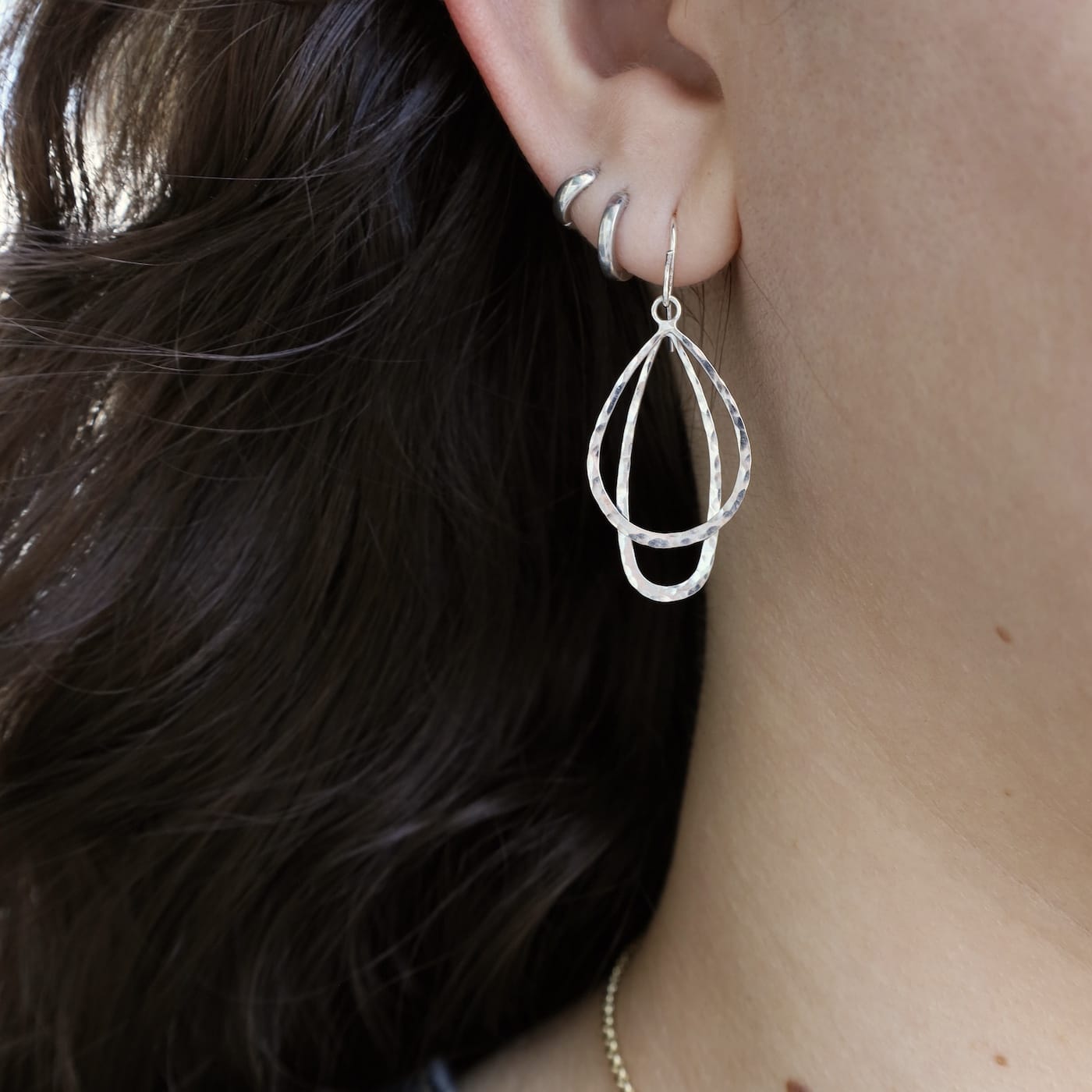 EAR-GF Sterling Silver Hammered Double Teardop Earrings