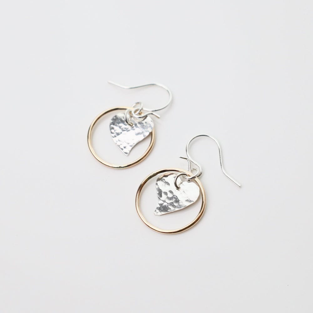 EAR-GF Sterling Silver Hammered Heart in Gold Filled Circle Earrings