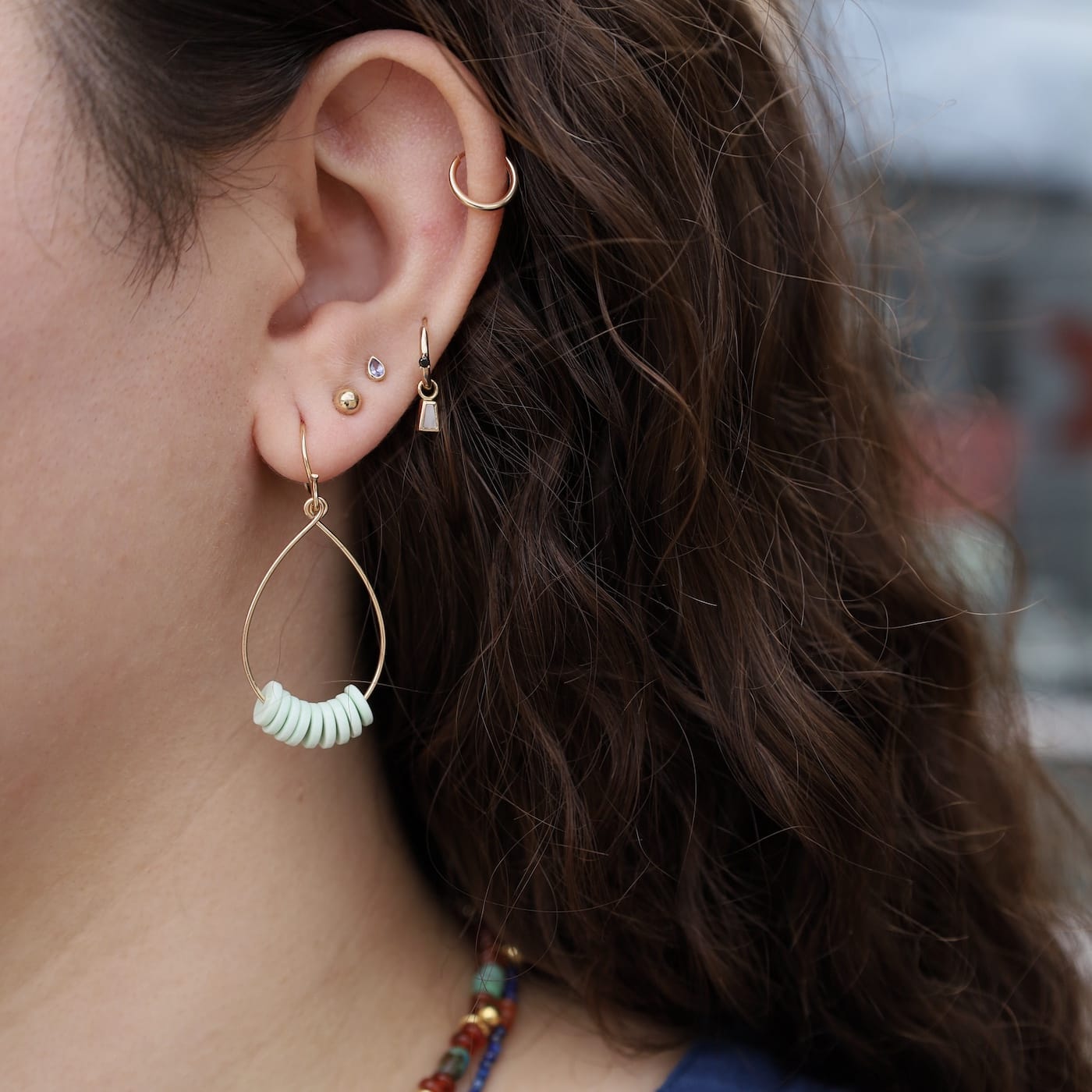 EAR-GF Sweet Mint Heishi String Beads Gold Filled Teardrop Earrings