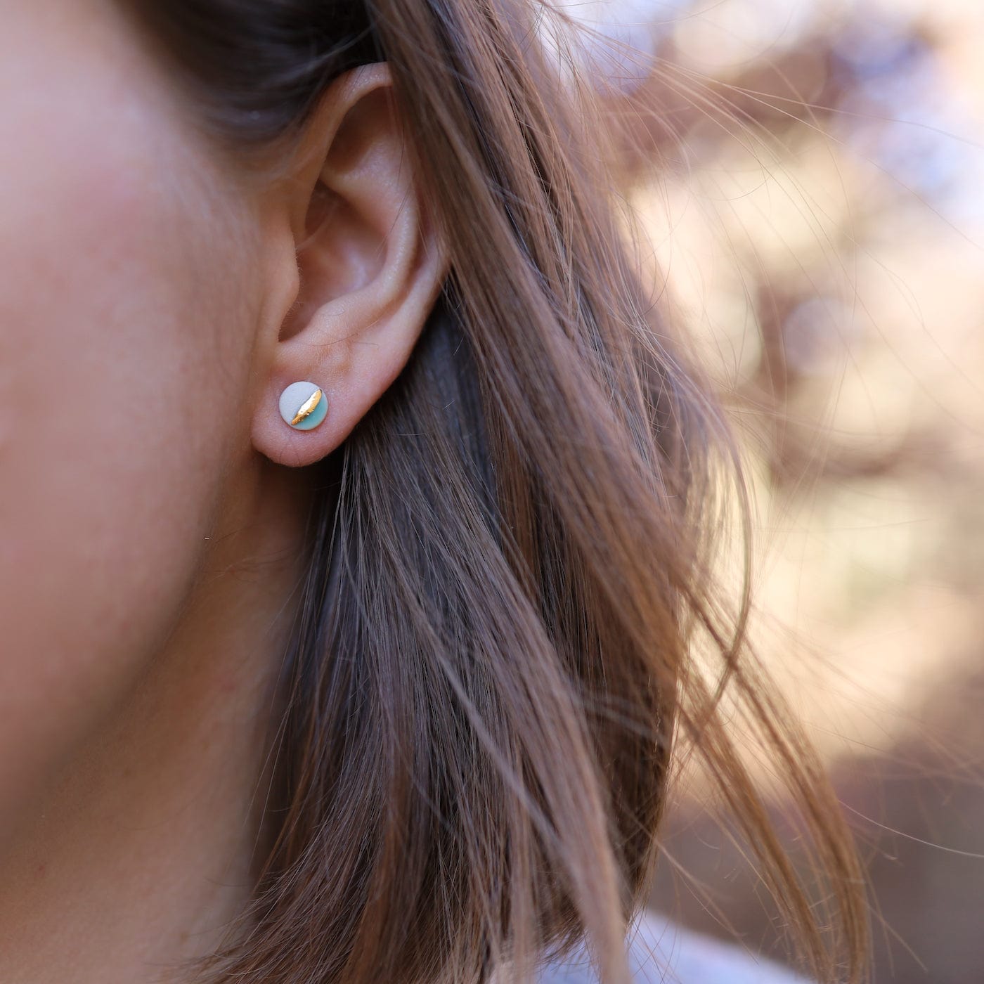 EAR-GF Turquoise Glaze Small Gold Striped Circle Studs