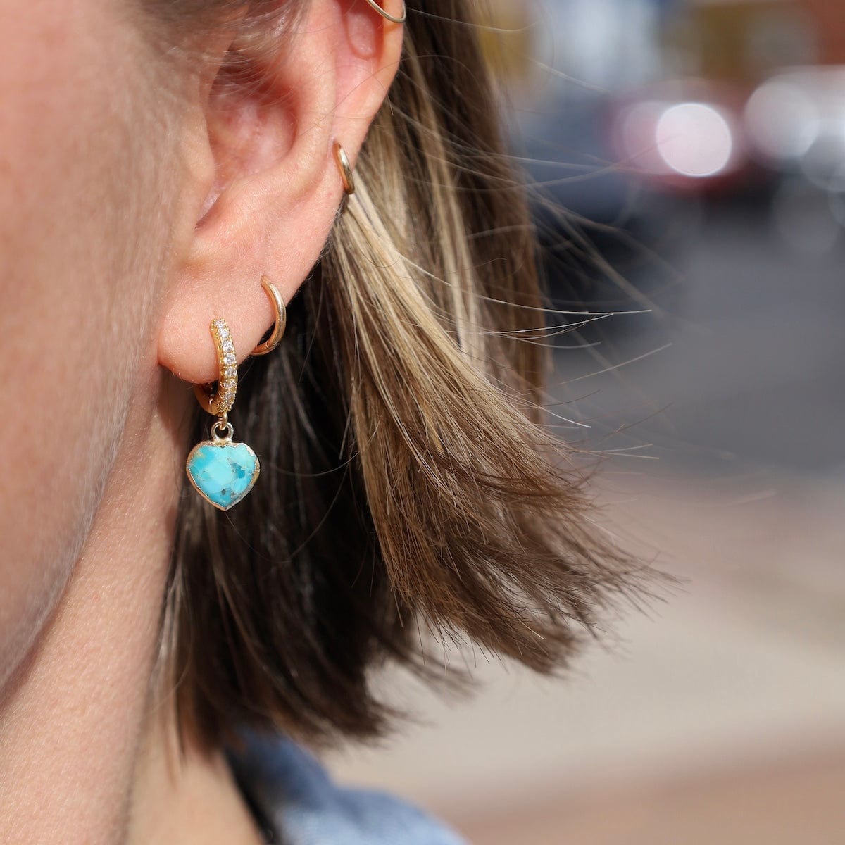 EAR-GF Turquoise Heart CZ Huggie Hoop Earrings