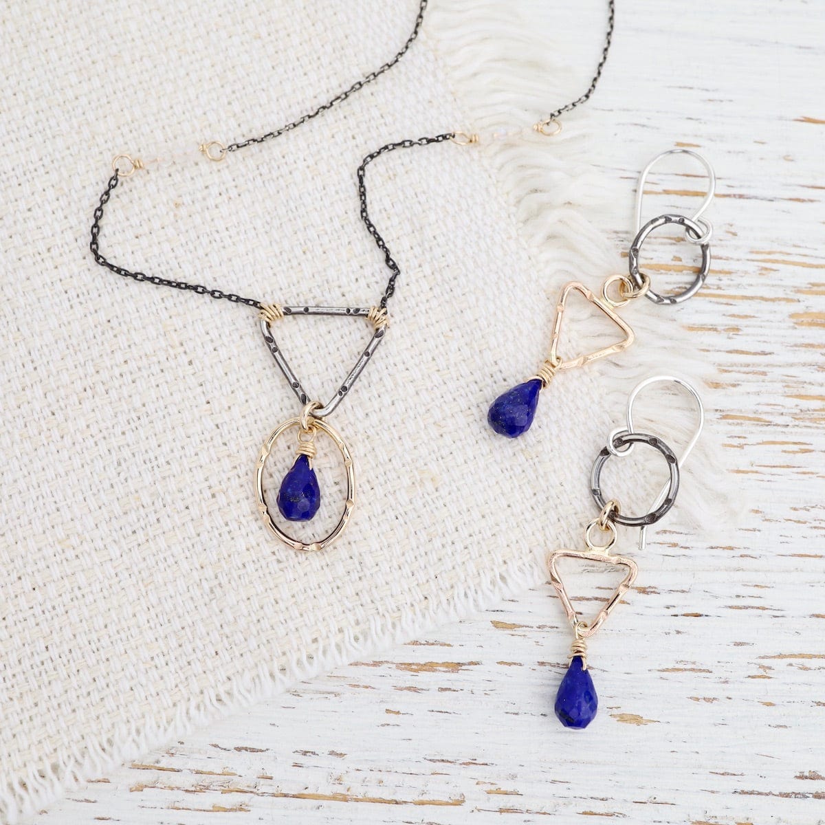 EAR-GF Two Tone Cicle and Triangle with Lapis Earring
