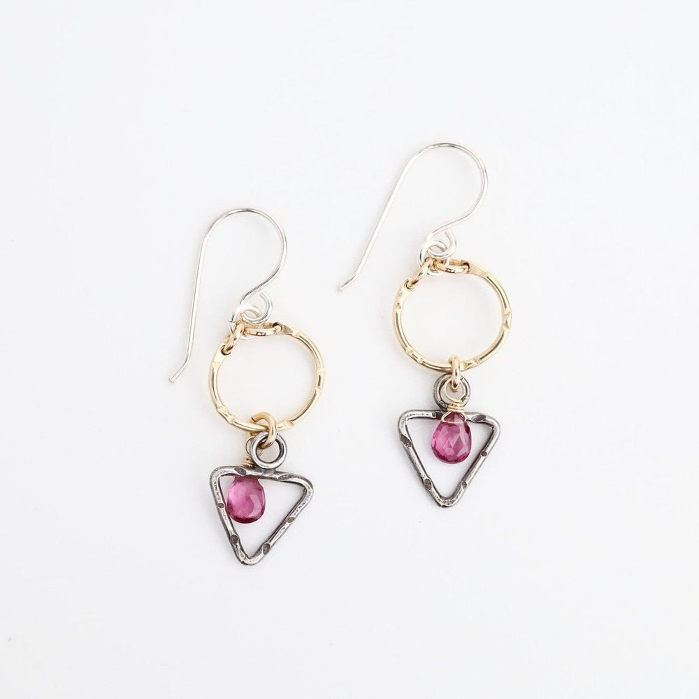 
                      
                        EAR-GF Two Tone Triangle and Circle with Garnet Earring
                      
                    