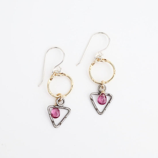 EAR-GF Two Tone Triangle and Circle with Garnet Earring