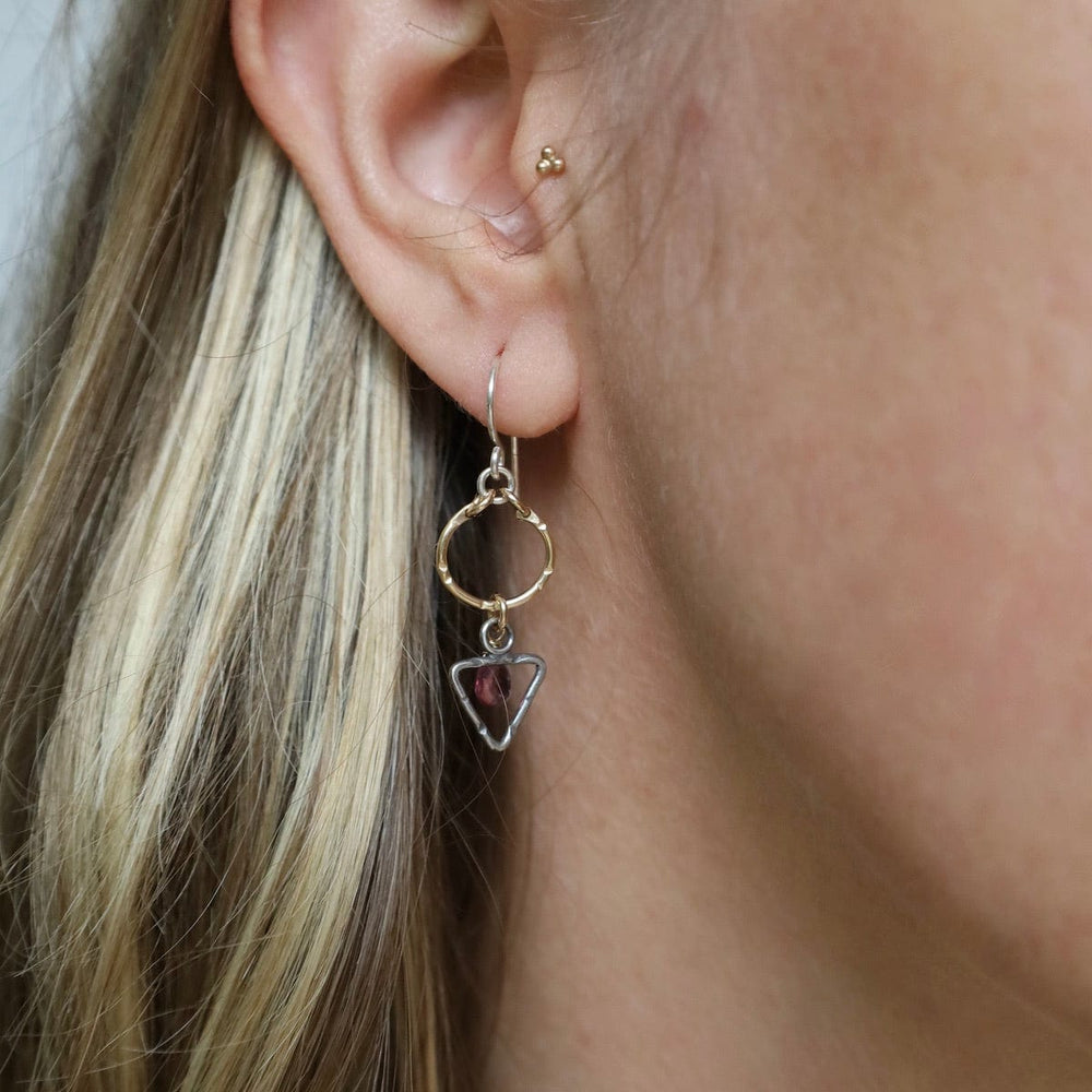 
                      
                        EAR-GF Two Tone Triangle and Circle with Garnet Earring
                      
                    