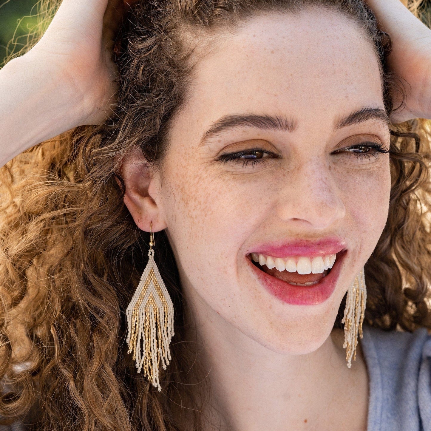 EAR Gold Haley Stacked Triangle Beaded Fringe Earrings