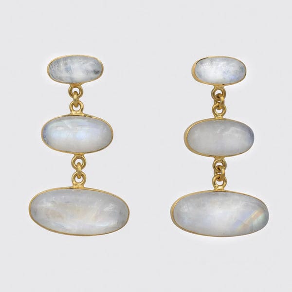 Load image into Gallery viewer, EAR Gold Large Triple Oval Cabochon Rainbow Moonstone Earrings
