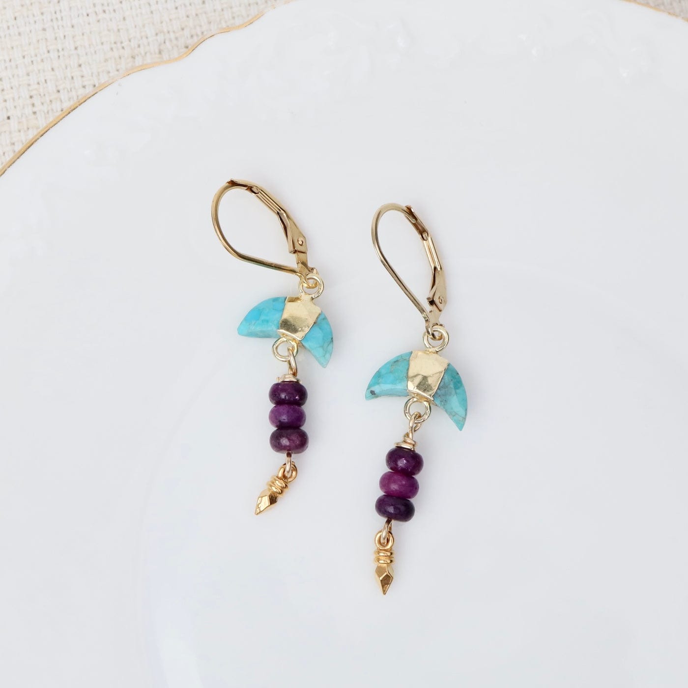 EAR Gold Turquoise Crescent Earrings with Lepidolite