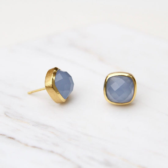 Load image into Gallery viewer, EAR-GPL Blue Chalcedony Asha Square Studs
