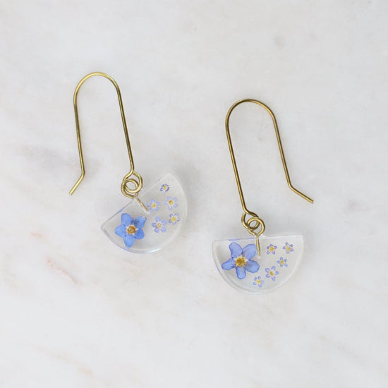 Load image into Gallery viewer, EAR-GPL Botanical Half Moon Forget Me Not Flower Earrings
