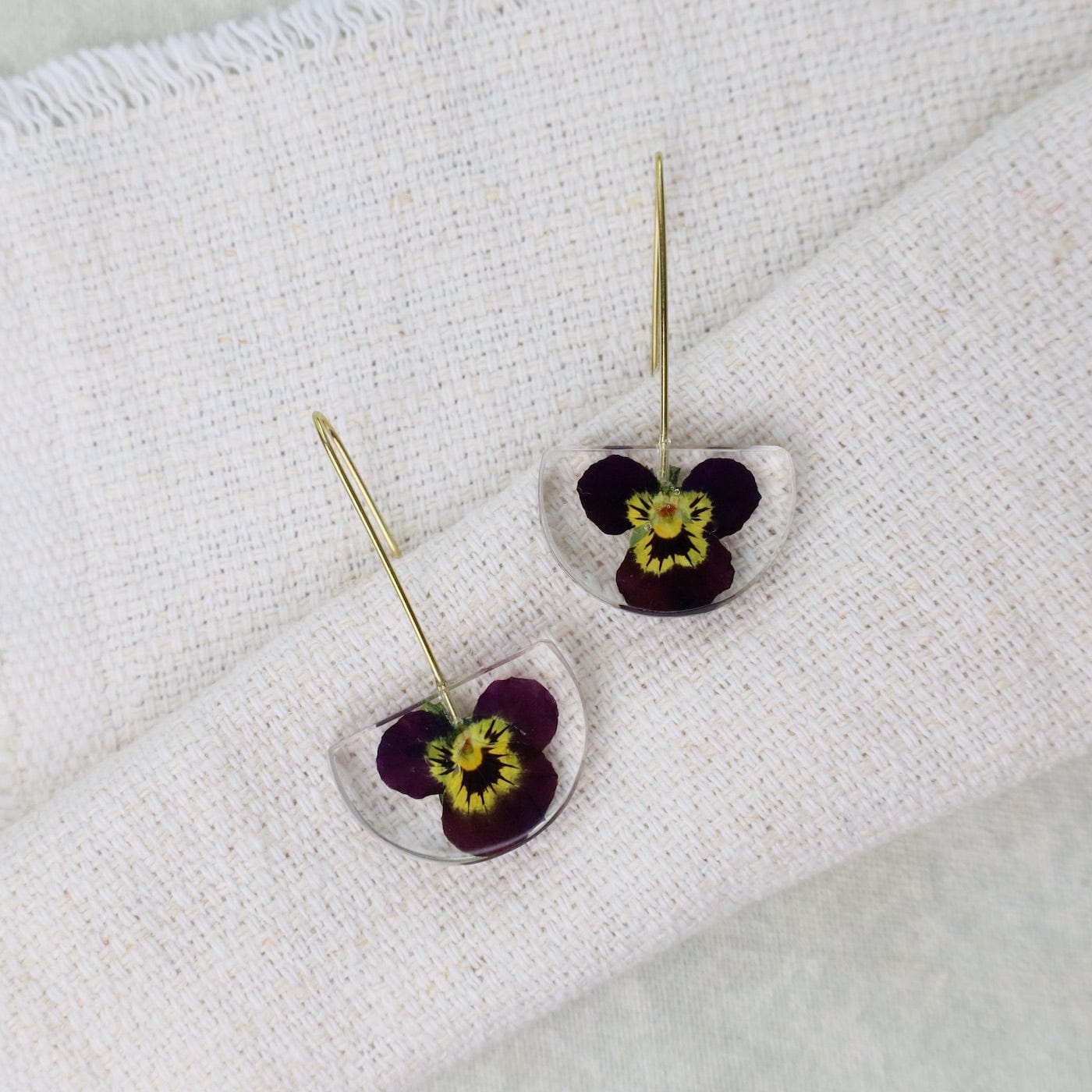 EAR-GPL Botanical Small Half Moon Purple Viola Flower Earrings