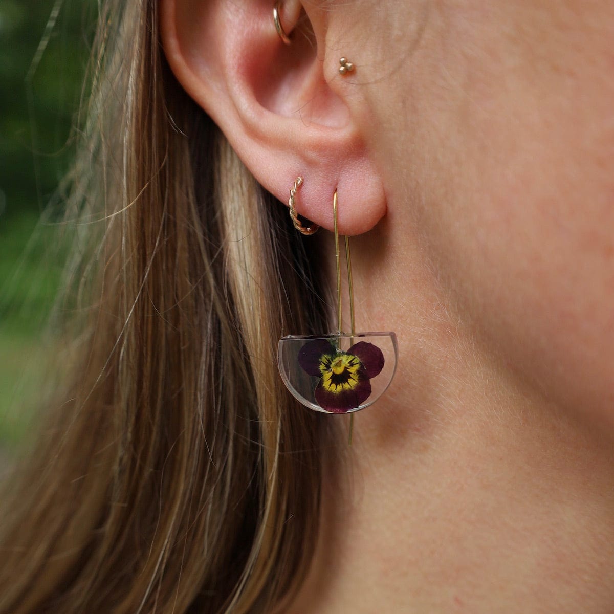 EAR-GPL Botanical Small Half Moon Purple Viola Flower Earrings