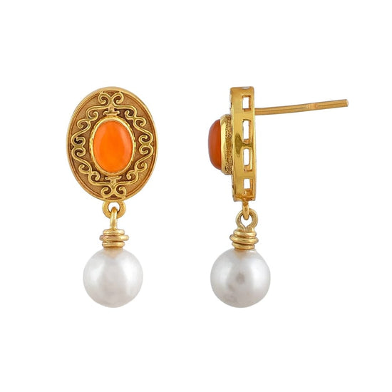 EAR-GPL Carnelian Pearl Brass Earrings