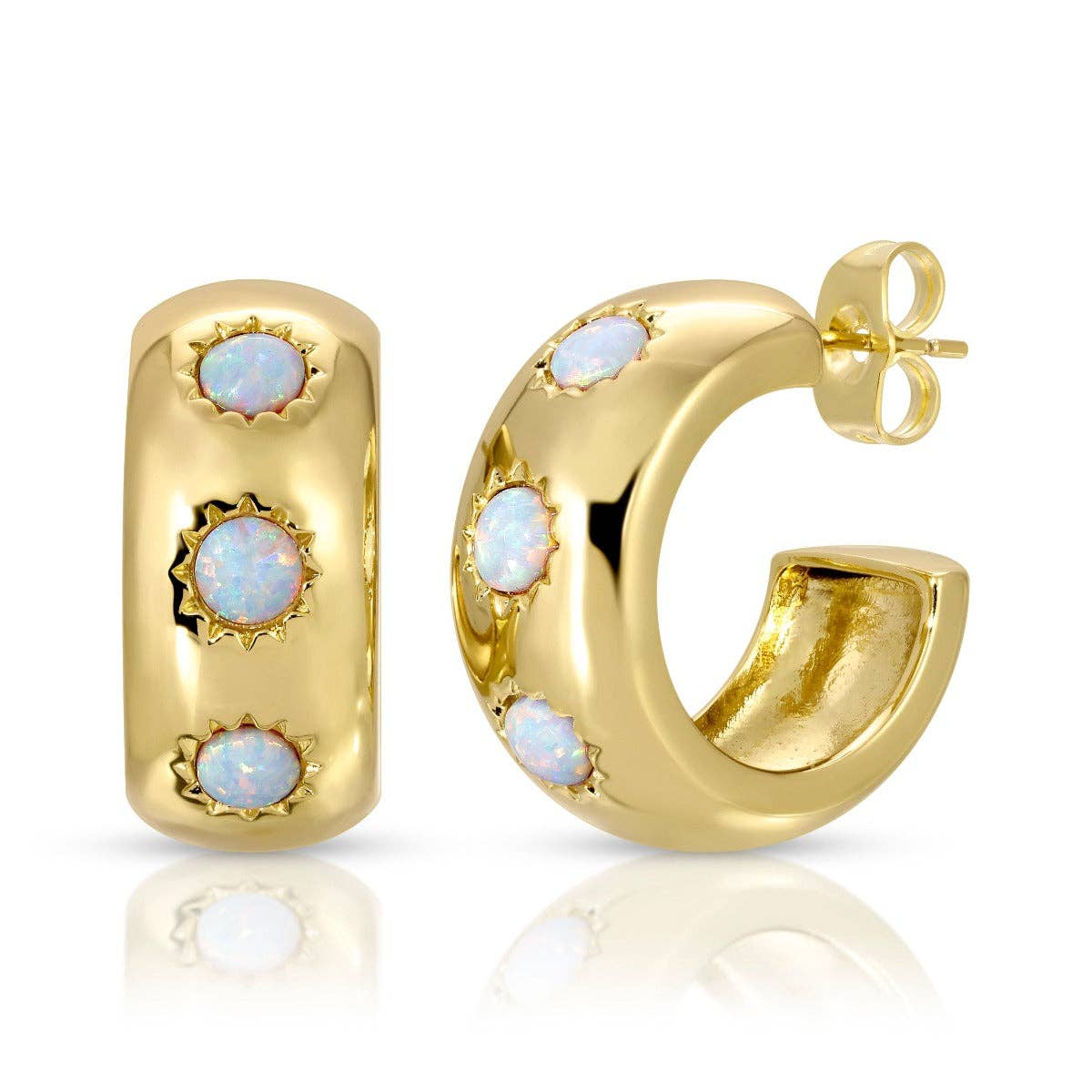 EAR-GPL Chunky Stone Hoops- White Opal - Gold Plated Brass