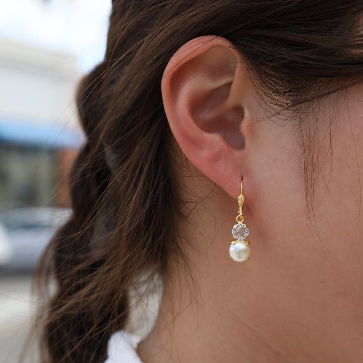 EAR-GPL Double Crystal Cream Earrings - Gold Plate