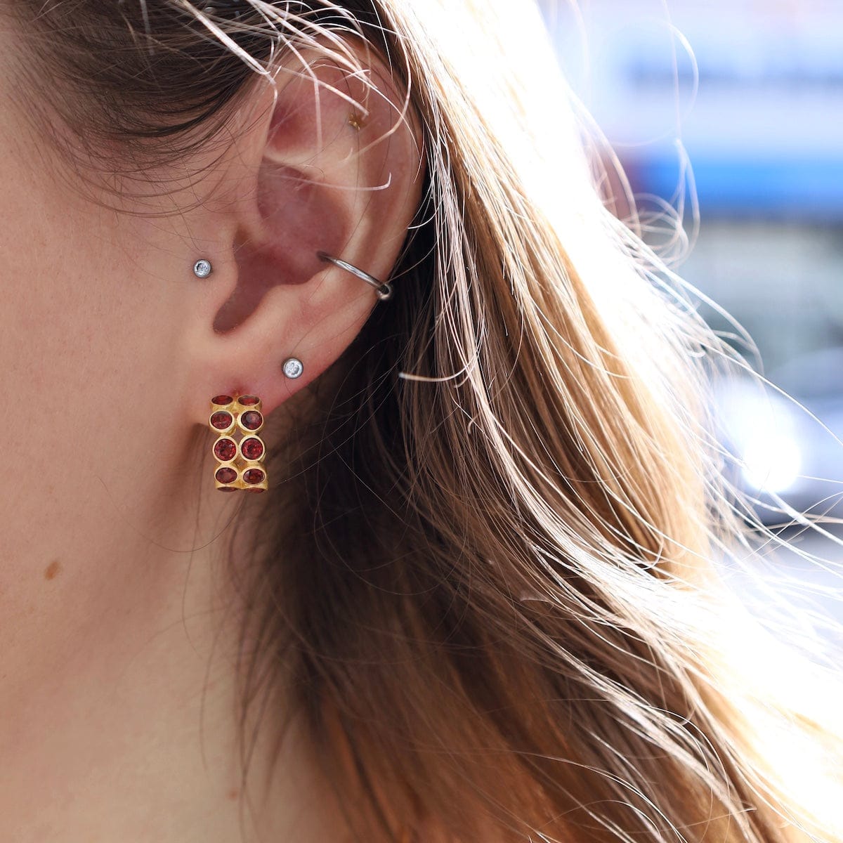 EAR-GPL Double Row Garnet Hoop Earrings
