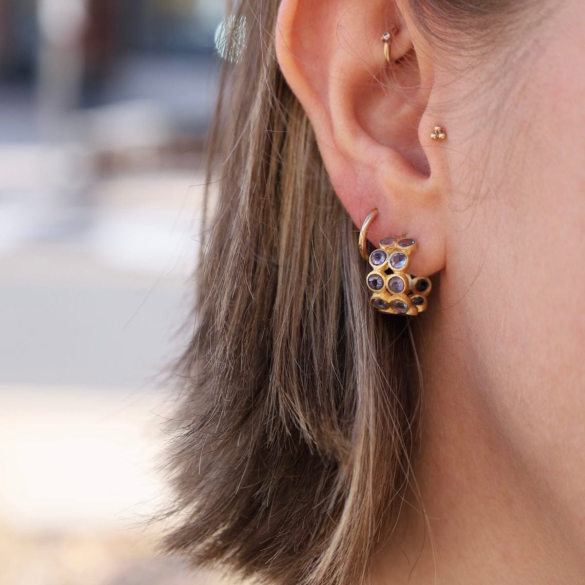 EAR-GPL Double Row Iolite Hoop Earrings