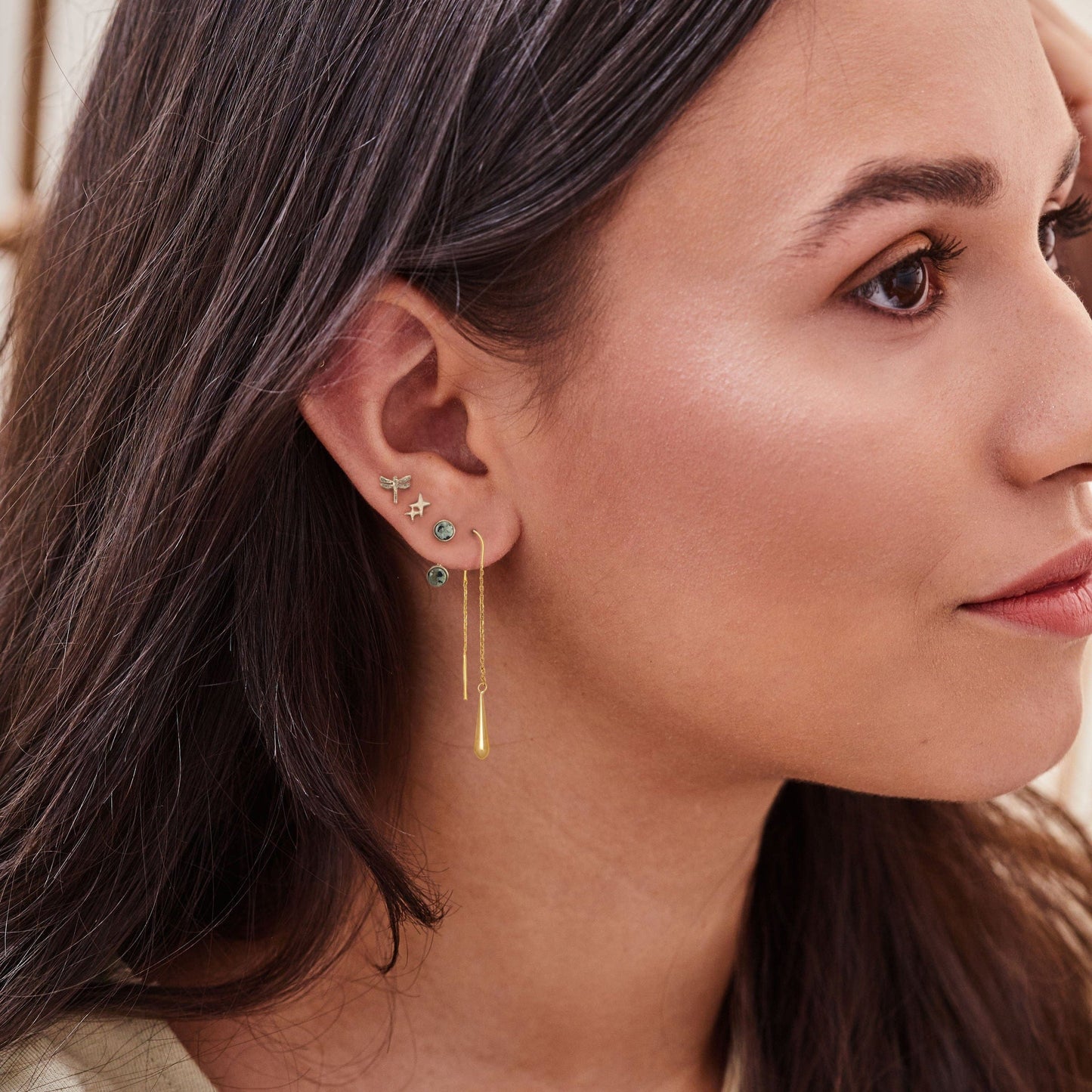 EAR-GPL Dragonfly African Turquoise Gold Stud Trio Ear Jacket Set Post Earrings