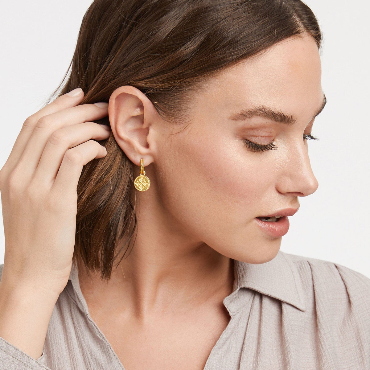 EAR-GPL Fleur-de-Lis Hoop & Charm Earring in Pearl
