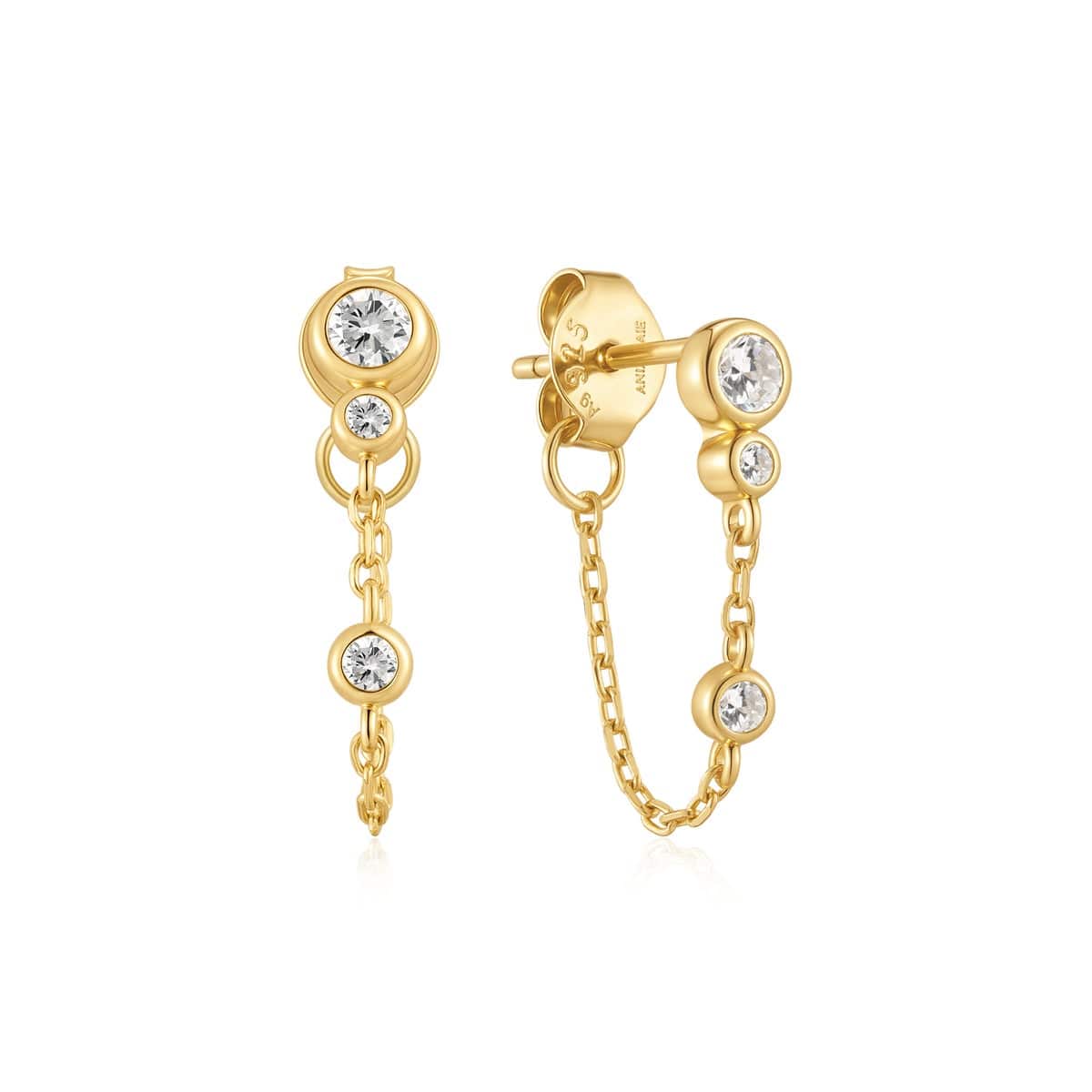 EAR-GPL Gold Bezel Set Drop Chain Stud Earrings