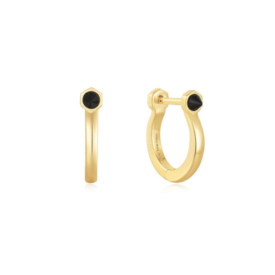 EAR-GPL Gold Black Agate Huggie Hoop Earrings